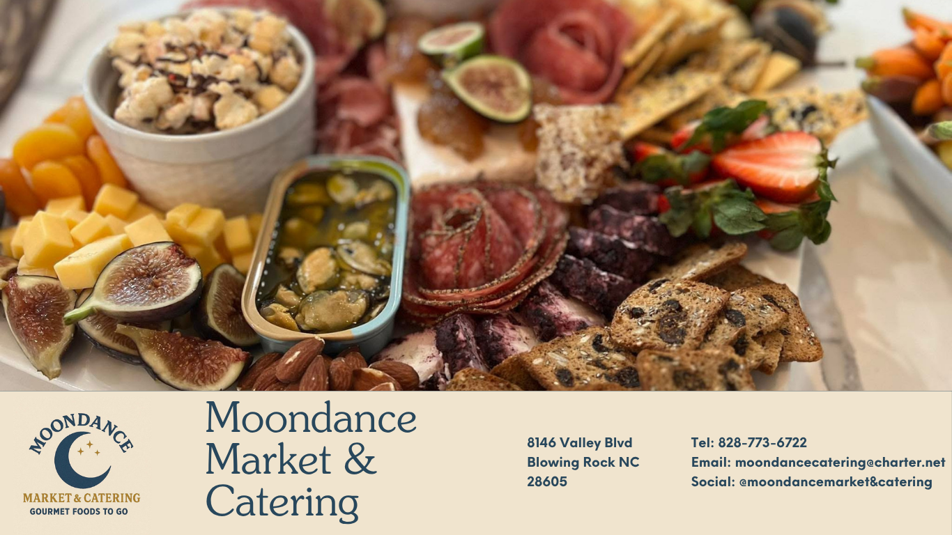 Moondance Market charcuterie spread and contact information.