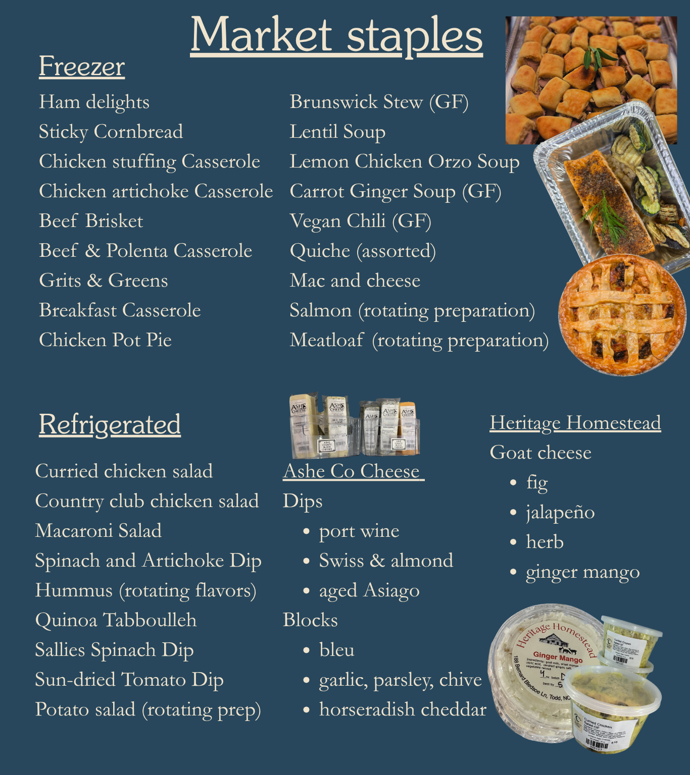 Moondance Market freezer and refrigerated staples menu.