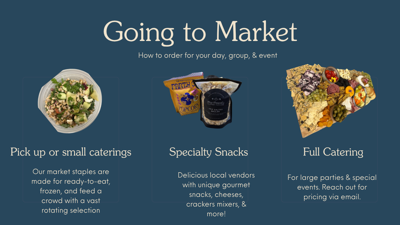 Going to Market guide for pickup, specialty snacks, and full catering.