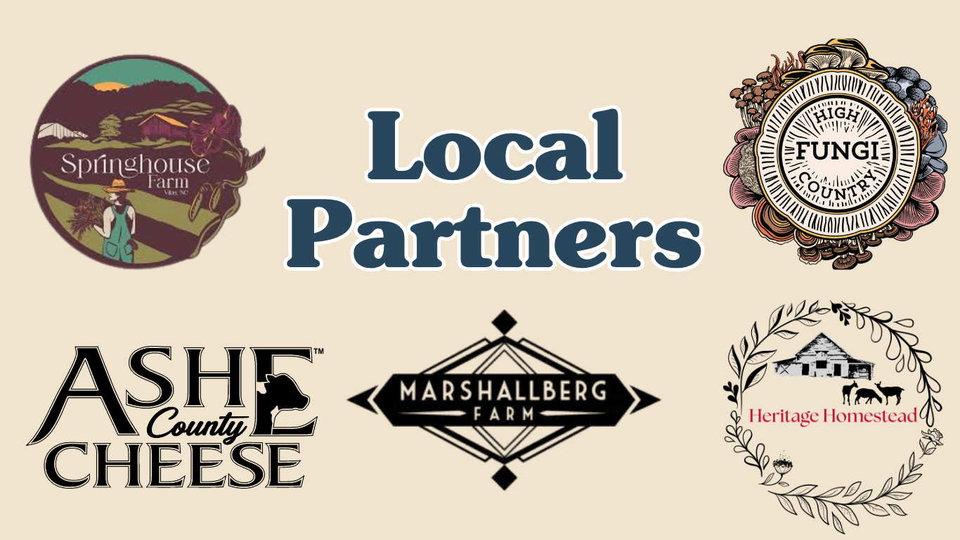 Local partners including Springhouse Farm, High Country Fungi, Ashe County Cheese, Marshallberg Farm, and Heritage Homestead.