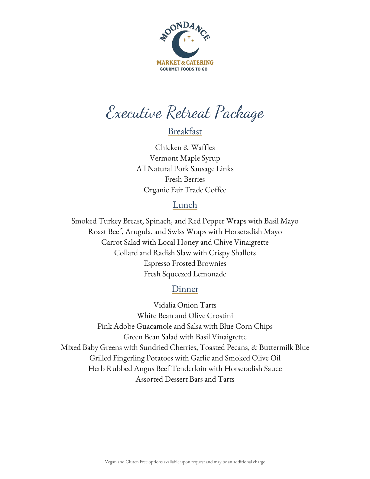 Executive Retreat Package catering sample menu
